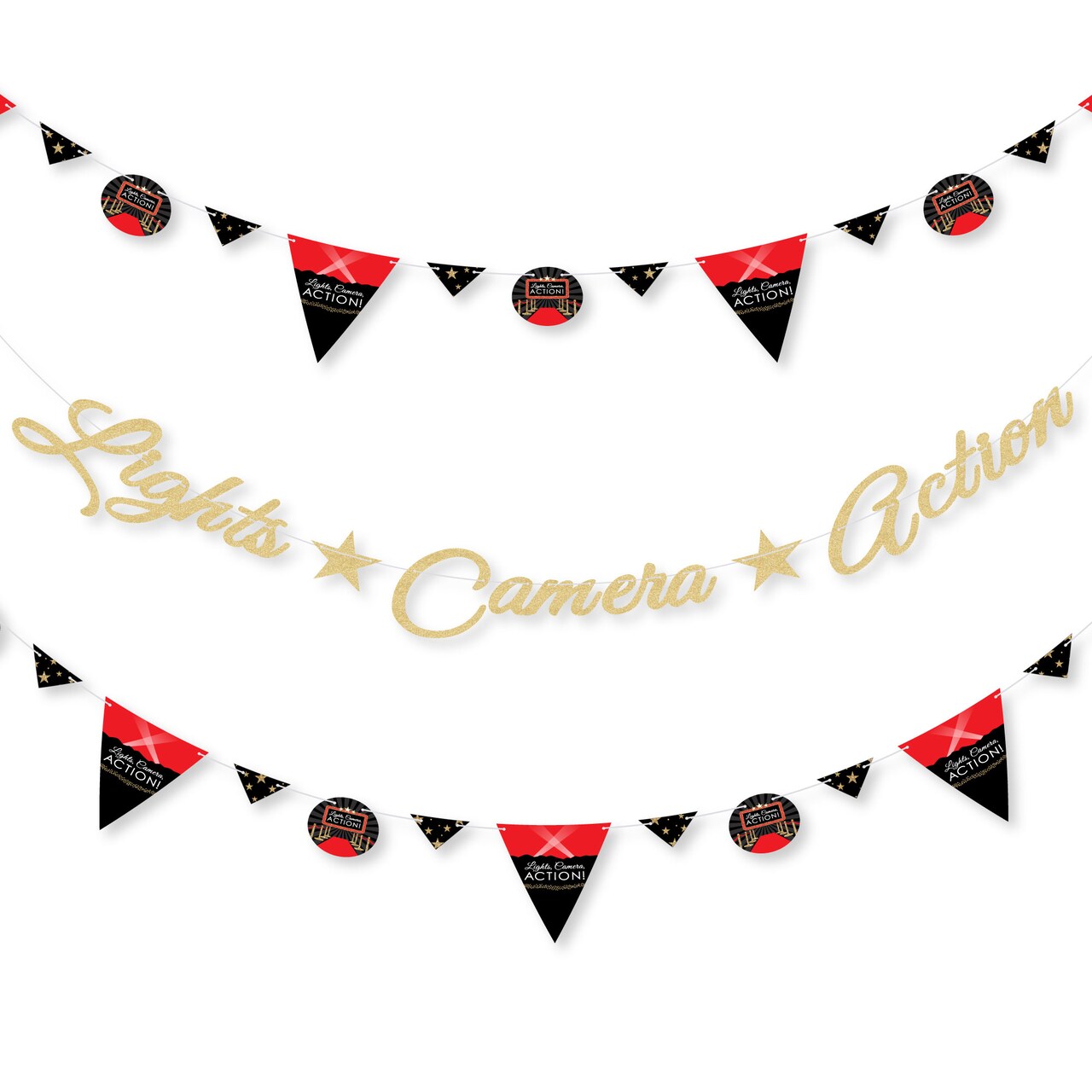 Big Dot of Happiness Red Carpet - Movie Party Letter Banner Decor 36 Cutouts & No-Mess Real Gold Glitter Lights Camera Action Banner Letters